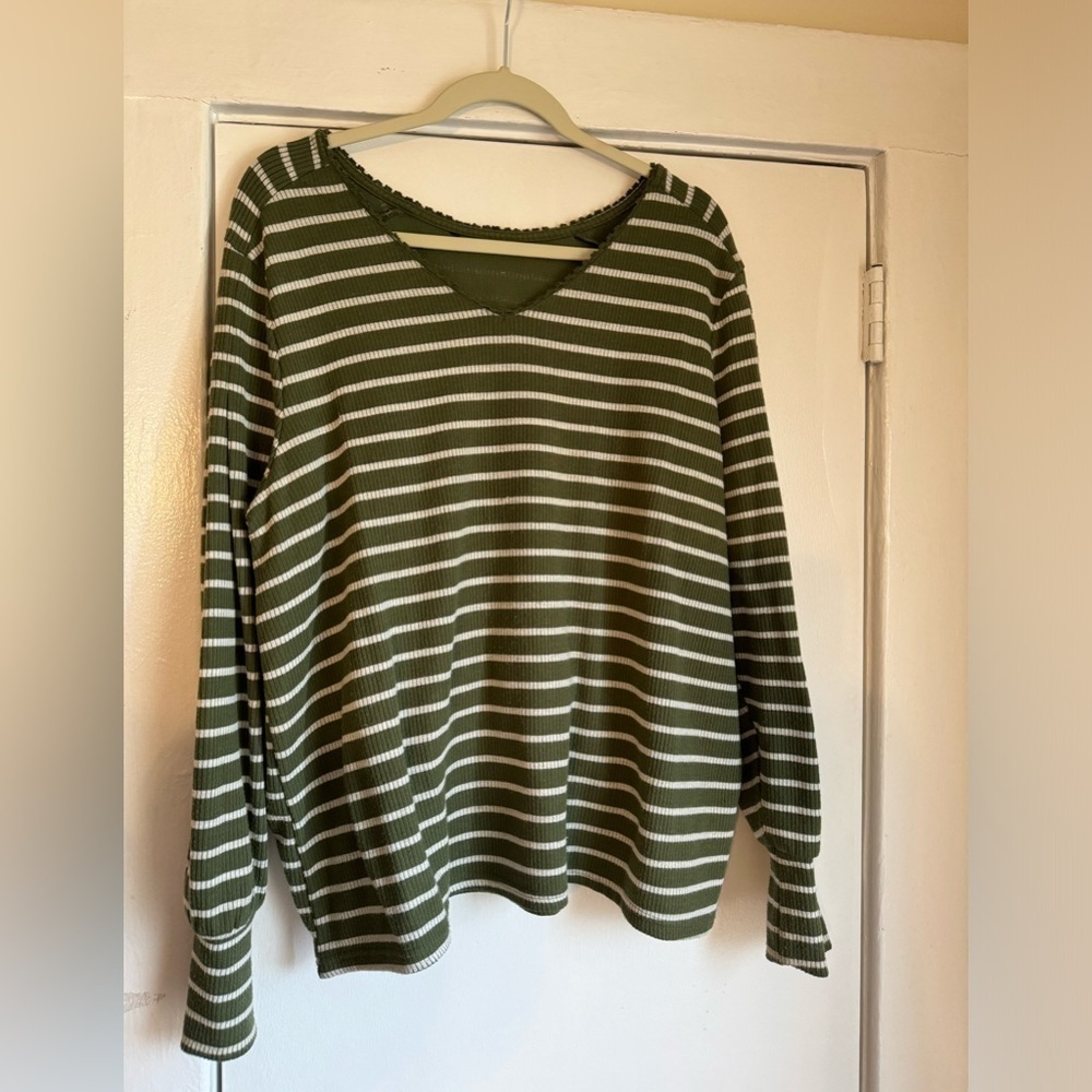 Zac & Rachel Ribbed Blouse Sweater 2X Plus Size Long Sleeve Green Striped - Picture 3 of 7